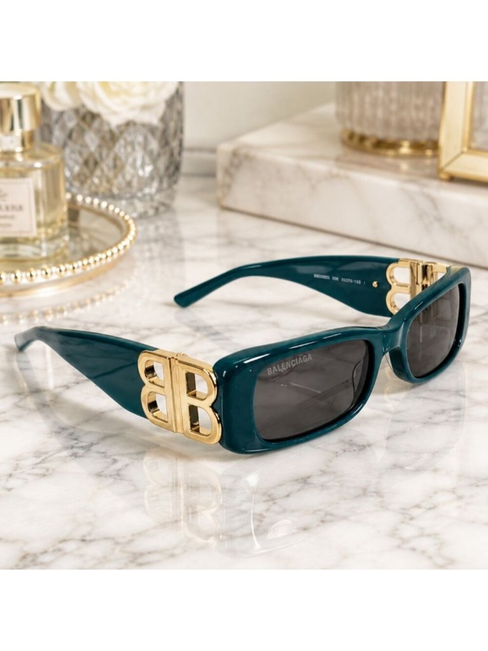 Balenciaga Womens Green Sunglasses BB0096S 006 Gold Accent Rectangle Shape 51 mm